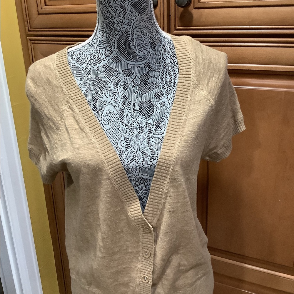 NOT FOR SALE.          NWOT SHORT TAN V NECK CARDIGAN SWEATER